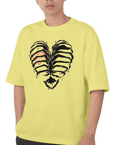 Camiseta Oversized Ombro Caido Estampa Skeleton Heart Grunge