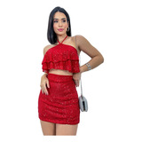 Conjunto Top Cropped E Short Saia Paete Brilho Festa Babado