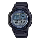 Reloj De Pulsera Casio Youth Series Ae-1000 De Cuerpo Color Negro, Digital, Para Hombre, Fondo Gris, Con Correa De Resina Color Negro, Dial Negro, Subesferas Color Azul Y Gris, Minutero/segundero Negr