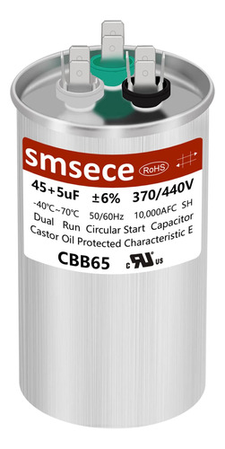 Smseace 45+5uf ±6% 45/5uf Mfd 370/440vca Cbb65b Condensador