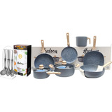 Set Juego Ollas Hudson Cerámica Granito 14p Utensillos Nylon