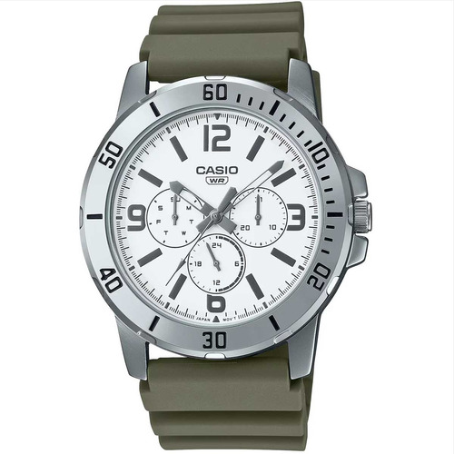 Reloj Casio Standard Mtp-vd300-3budf Para Hombre, Color Verde De La Correa, Verde Musgo, Color Del Bisel, Color Plateado, Color De Fondo Blanco