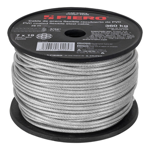 Cable Acero Recubierto 3/32  7x19 Hilos 75 Mt Fiero 44226