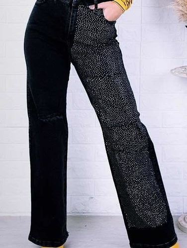 Pantalón Jeans Wide Leg Palazo Con Strass Pedrería No Mom