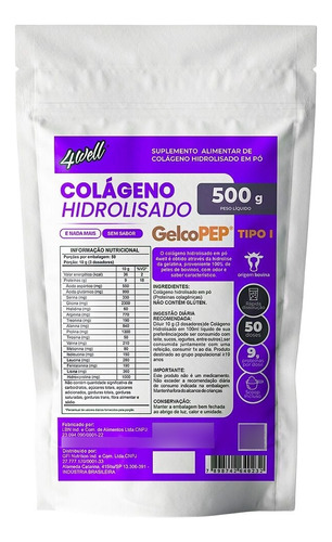 Colágeno Hidrolisado 500g - 4well - 100% Puro - Premium 