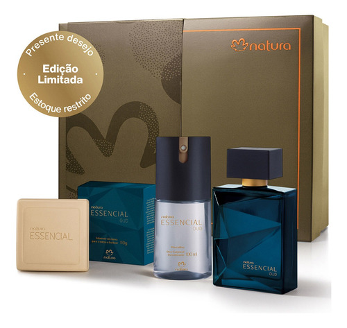 Kit Presente Natura Essencial Oud Masculino Perfume + Deo Corporal + Sabonete E Caixa Presenteável