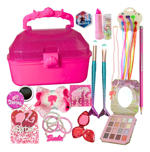 Kit Maleta Glitter Maquiagem Acessórios Borracha Barbie 