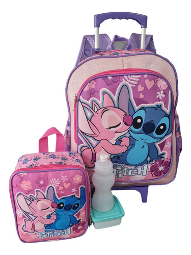 Mochila Escolar Lilo & Stitch Rosa Rodinhas G + Lancheira