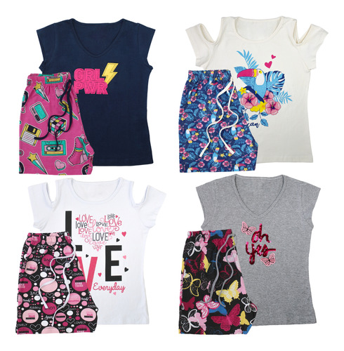 4 Conjuntos Fresco Juvenil Shorts Blusinha Infantil Menina