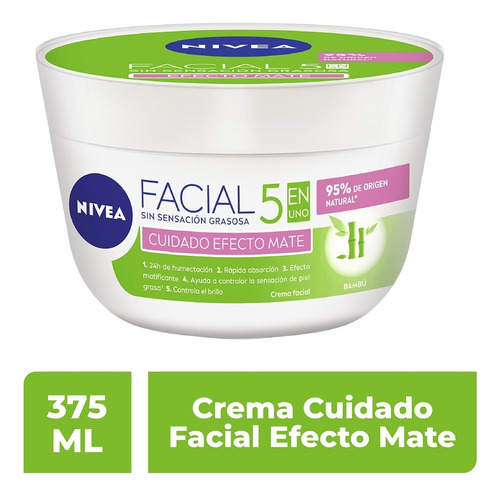 Crema Nivea Cuidado Facial Efecto Mate 5 En 1 Bambú - 375ml