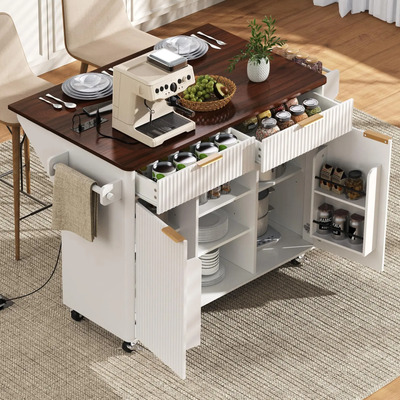 Isla De Cocina 132 Cm Con Ruedas Y Mesa De Hojas Caídas Blan Blanco