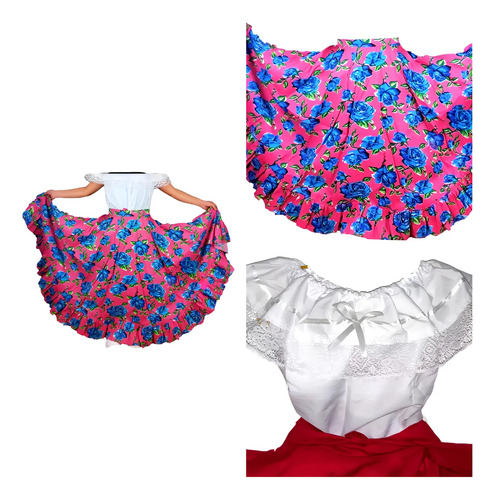 Falda Folklorica Floreada Mediovue Y Blusa De Olan Mujer Set
