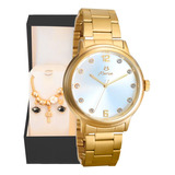 Relógio Feminino Aço Inox Dourado + Pulseira Pandora + Caixa