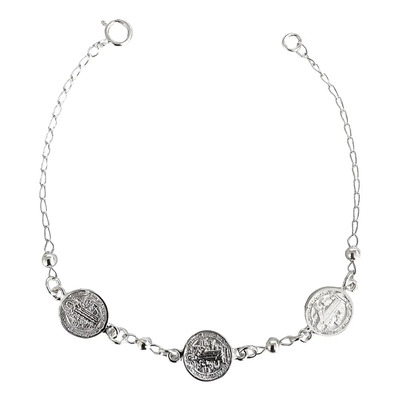 Pulsera Con 3 Medallas De San Benito Plata Fina Ley 925 Plateado 6 Cm 17 Cm