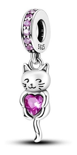 Berloque Gatinho Fofo Prata 925 E Cristal Rosa