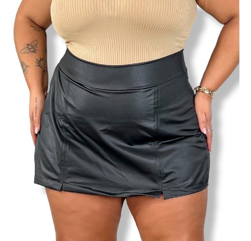 Short Saia Curta Plus Size Couro Fake Preto 46 Ao 52 Premium