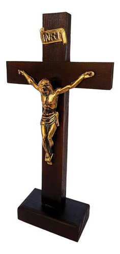 Crucifixo Barroco De Mesa Cruz De Madeira C/ Pedestal 24,5cm