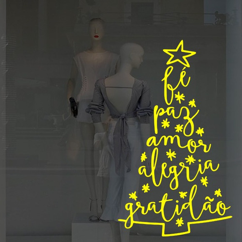 Adesivo Decorativo Vitrine Árvore Natal Palavras 60x100 Cor Amarelo