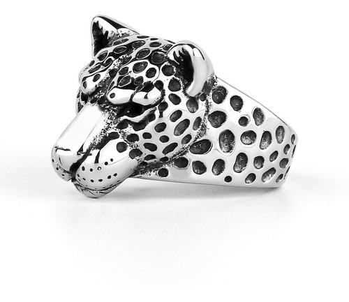 Anillo Cabeza Leopardo Animal Color Plata De Acero Hombre