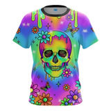 Camisa Caveira Neon Coloridas Frente E Costas Ful Arte