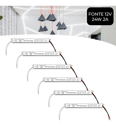 Kit 6 Fonte Slim Driver Para Perfil Fita De Led 12v 2a 24w