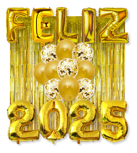 Kit Balão Ano Novo Feliz 2025 Cortina Metalizada + 10 Balão