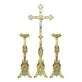 Conjunto De Castiçais Para Altar E Cruz - Gótico - Bronze