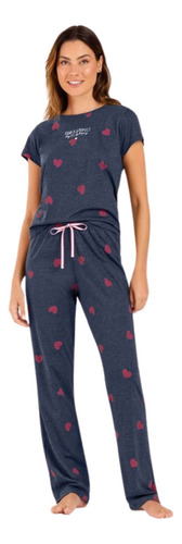 Pijama Feminino Manga Curta Com Calça Estampado Coração