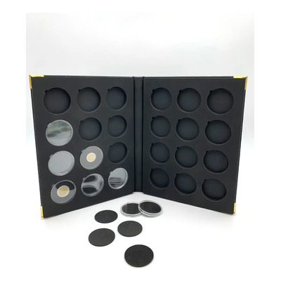 Coleccionador Premium Para 24 Monedas de hasta 46mm Con Cápsulas y arillos negros incluidos, cubierta imitacion piel con esquineros metalicos y grabado en portada | Envío gratis