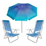 Kit Guarda Sol 2,2m Azul Cadeira 8 Pos Reclinável Alumínio