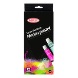 Set 12 Pinturas Acrílicas Colores Neón Y Pastel 12 Ml -artel Color Agua