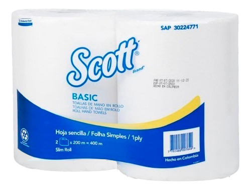 Toalla De Manos Rollo Scott Basic, 1 Hoja - 200mts X 2uds