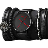 Conjunto Reloj Negro Económico 4 Pulseras Para Hombre Cuarzo