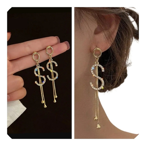 Aretes  Largos  De Letra S  Con Zirconias Chapado En Oro