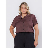 Camisa Social Listrada Plus Size Moda Feminina Manga Curta