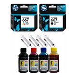 2 Cartuchos Hp 667 + 400 Ml Tinta 2376 2774 6476