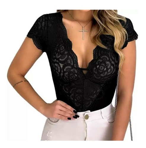 Body Bore Blusa Feminina Renda Guipir Manga Curta Blogueiras