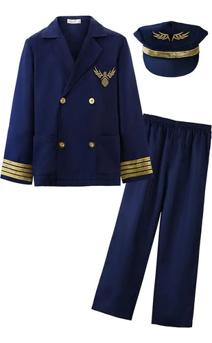 Disfraz Uniforme Piloto De Avión Traje Azul Niños 3pz Fiesta