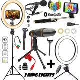 Kit Gravação De Vídeo Tripé 2m Luz Ring Light Microfone Aula