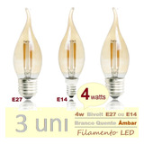 Kit 3 Lâmpada Led Filamento Vela Bico Torto Âmbar Retrô Deco