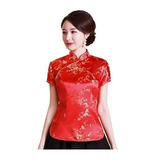 Blusa Chinesa Com Estampa Flor De Cerejeira - Vermelha