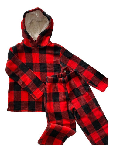 Conjunto Infantil De Fleece Xadrez Com Capuz Fofinho.