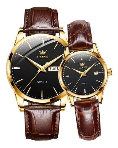Olevs Business Leather Quartz 2 Piezas Relojes Para Parejas Color Del Fondo Oro/negro