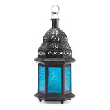 Candelabro Marroqui Gifts & Decor, De Vidrio Azul, Con Farol