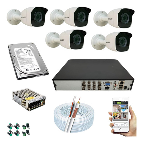 Kit Monitoramento 5 Câmeras Hikvision  Full Hd 1080p