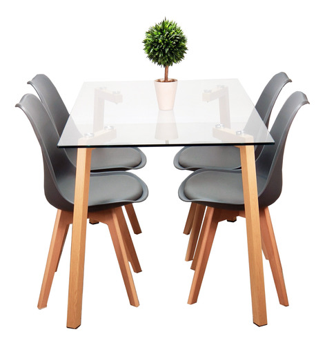 Juego De Comedor Nordico Vidrio 1.60 Haya + 6 Sillas Tulip