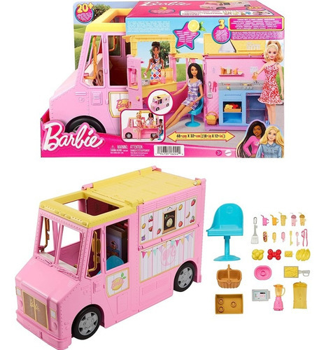 Camión De Limonada Barbie Beach, Más De 20 Piezas, Mattel Hpl71, Color Rosa Y Amarillo