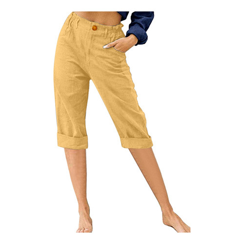 Pantalón Capris De Lino Y Algodón Para Mujer  Casual