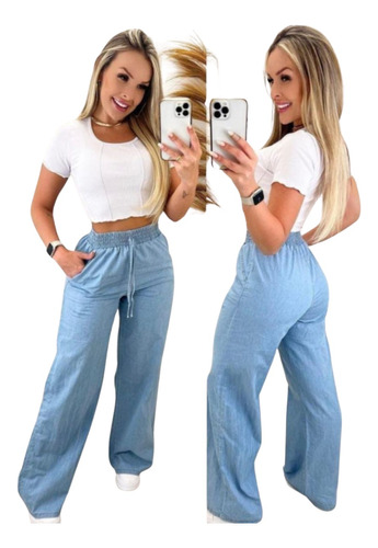 Calça Pantalona Wide Leg Feminina Jeans Molinho Com Elástico