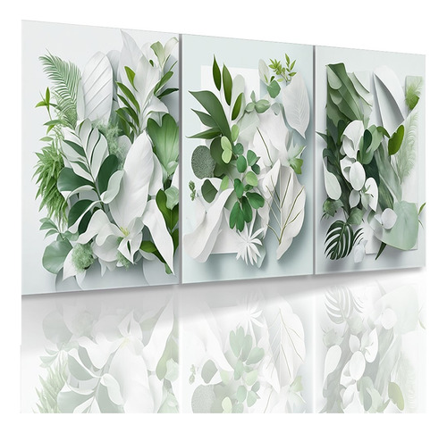 Kit 3 Quadros Decorativos Folhas E Flores Verdes E Brancas